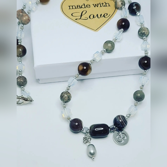 Black Agate, Jasper, Pearl and Om charm necklace - Picture 2 of 4